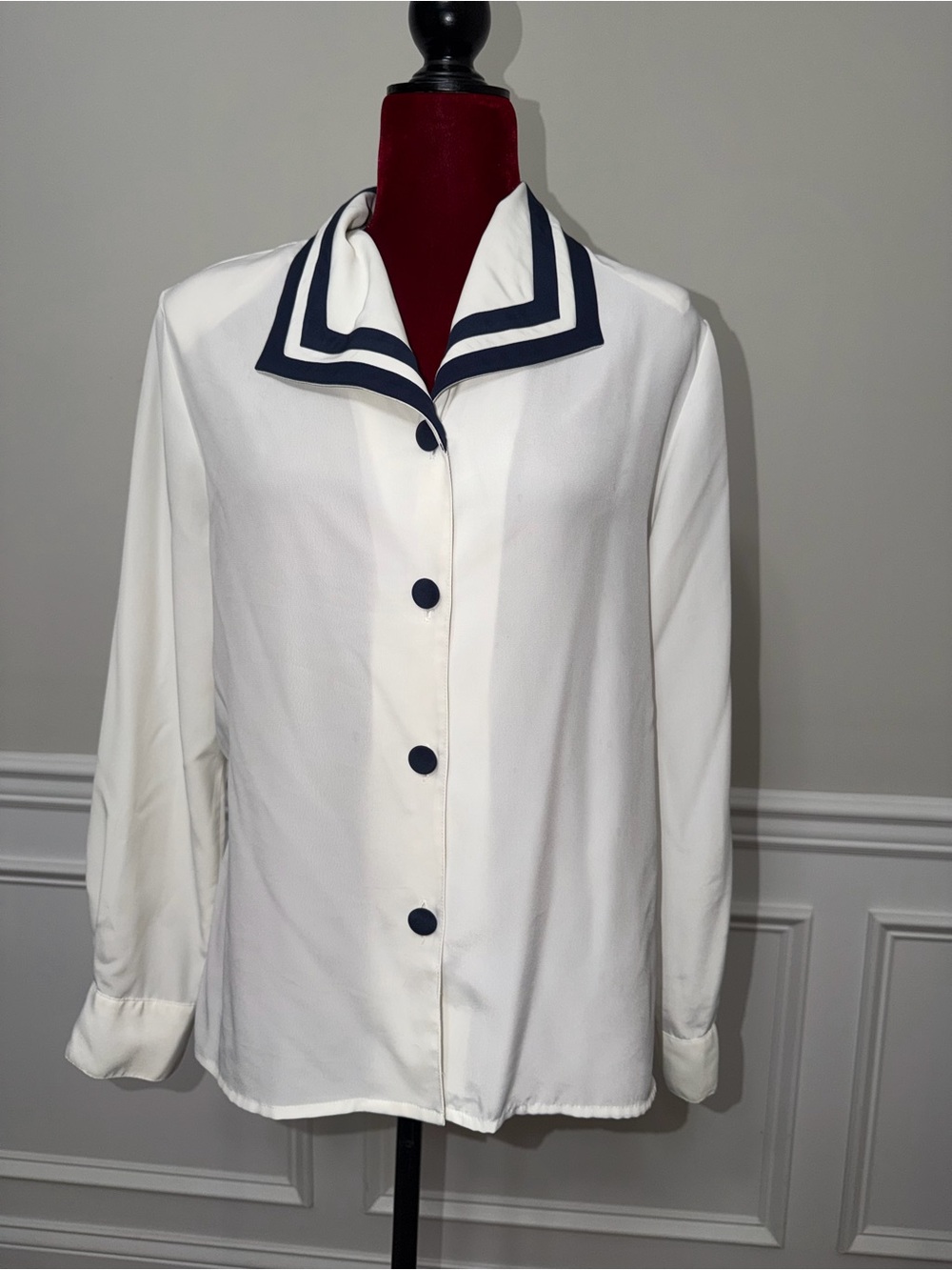 Vintage 80s La Chine Classic by Galinda Wang Sailor Blouse White Navy Size 8